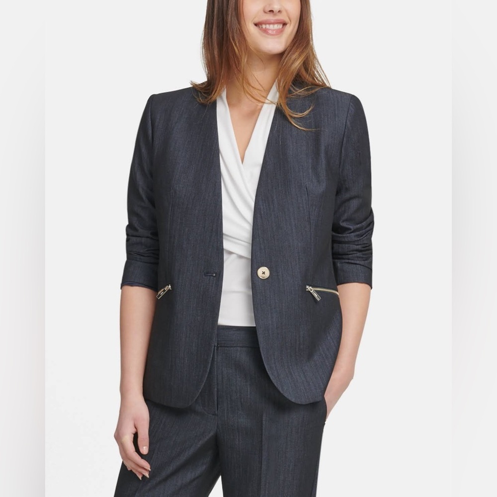 DKNY Collarless Denim One-Button Jacket